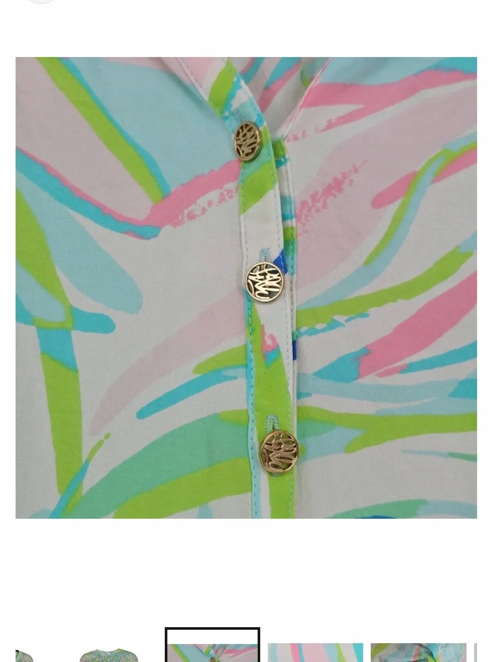 Lilly Pulitzer Elsa Silk Tunic Med Pink Blue Abstract Palm Smocked Button Resort - Picture 4 of 8